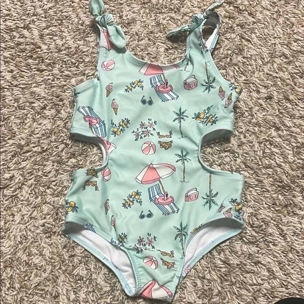 Kids Mint Beach Scene Cutout Swimsuit